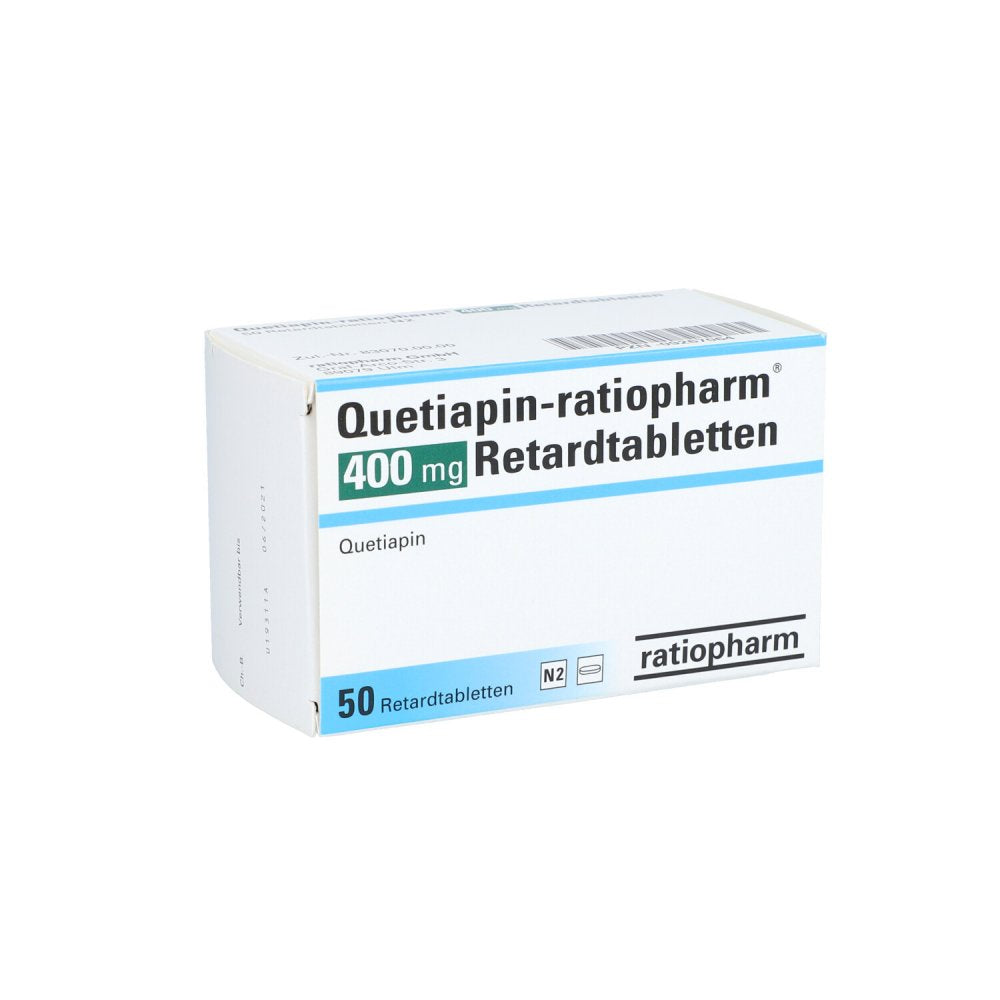 Das Produktfoto zeigt Quetiapin-Ratiopharm 400 Mg Retardtabletten (50 stk) PZN 09267064