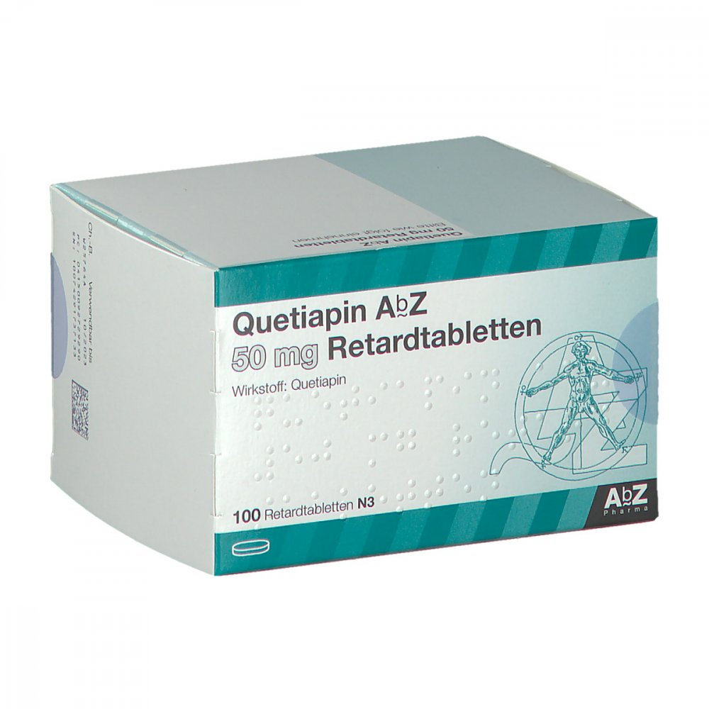 Das Produktfoto zeigt Quetiapin Abz 50 Mg Retardtabletten (100 stk) PZN 09272929