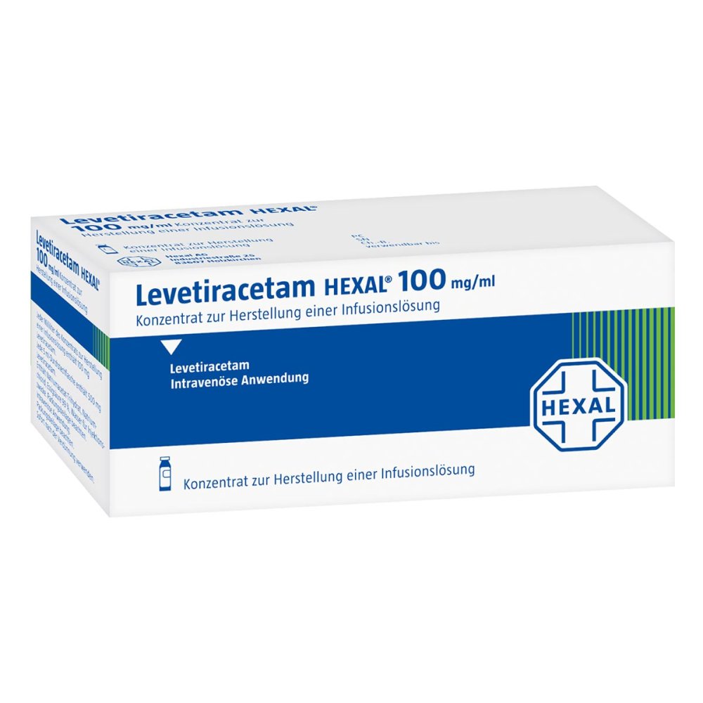 Das Produktfoto zeigt Levetiracetam Hexal 100 Mg/Ml K.H.Inf.-Lsg.500mg (10X5 ml) PZN 09276117