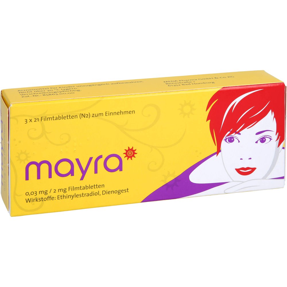 Das Produktfoto zeigt Mayra 0,03 Mg/2 Mg Filmtabletten (3X21 stk) PZN 09278346