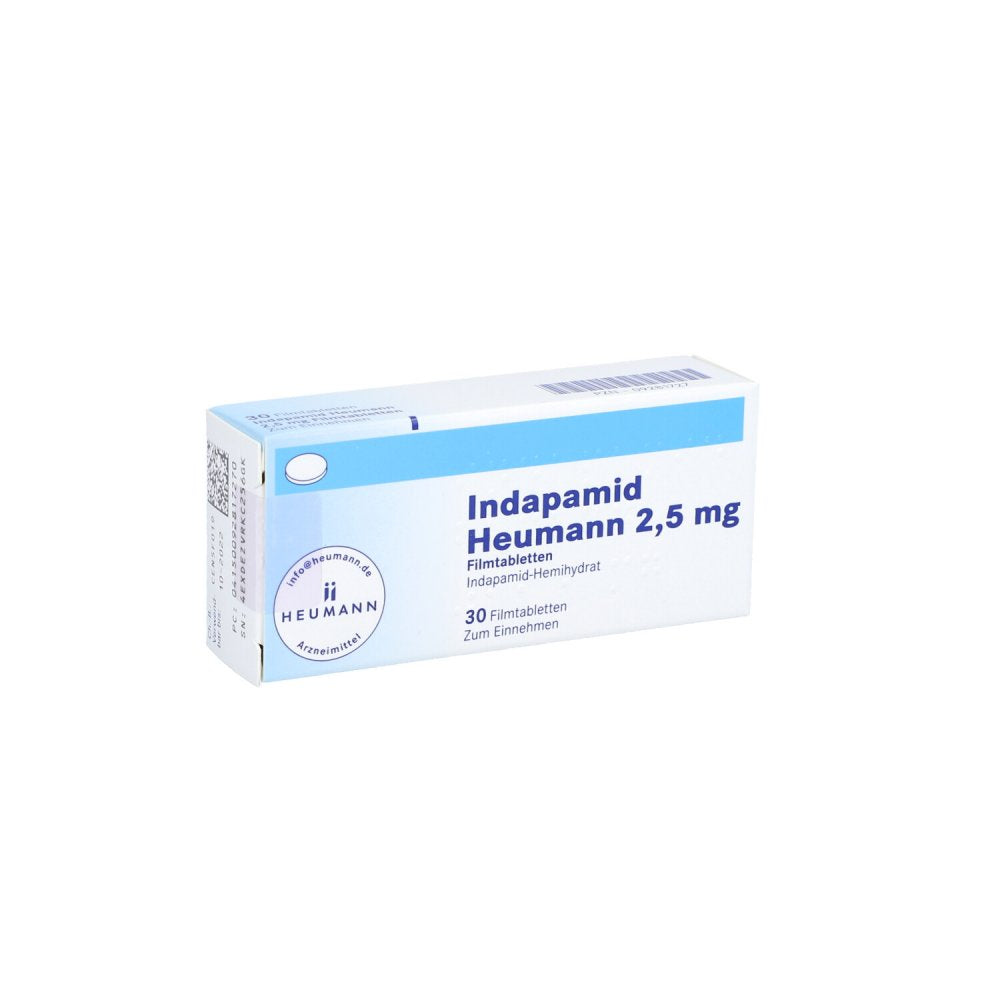 Das Produktfoto zeigt Indapamid Heumann 2,5 Mg Filmtabletten (30 stk) PZN 09281727