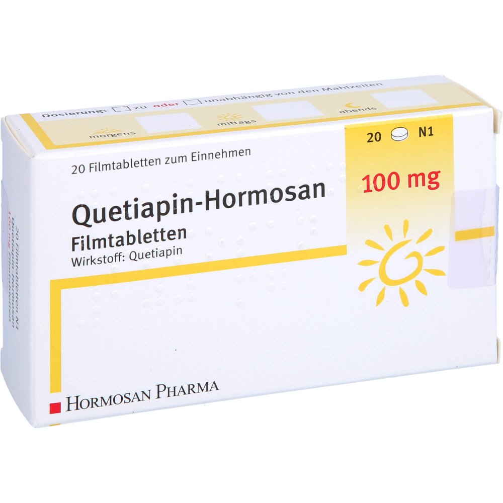 Das Produktfoto zeigt Quetiapin Hormosan 100 Mg Filmtabletten (20 stk) PZN 09294523