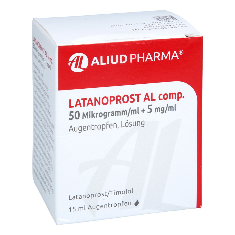 Das Produktfoto zeigt Latanoprost Al Comp.50 Mikrogr./Ml+5mg/Ml Augentr. (6X2.5 ml) PZN 09297154