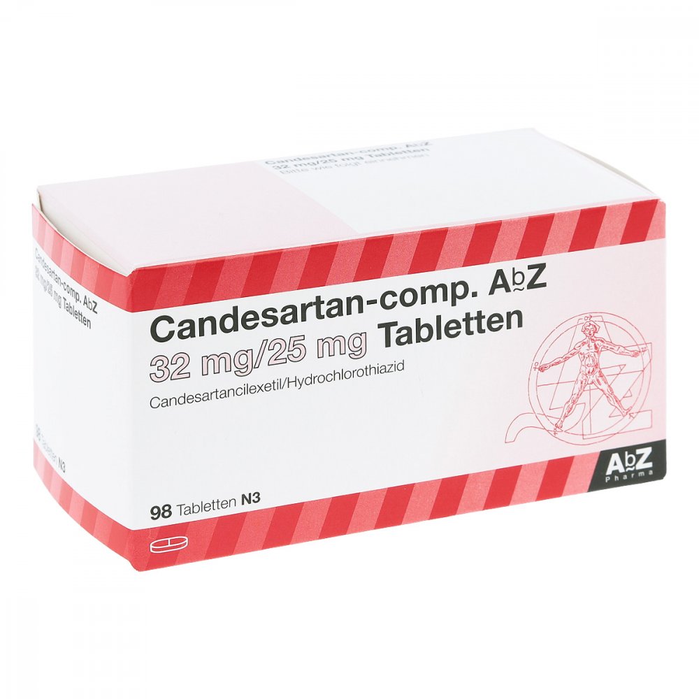 Das Produktfoto zeigt Candesartan Abz Comp. 32 Mg/25 Mg Tabletten (98 stk) PZN 09297668