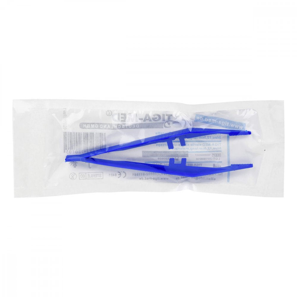Das Produktfoto zeigt Pinzette Einmal Steril Plastik Blau (100 stk) PZN 09306048