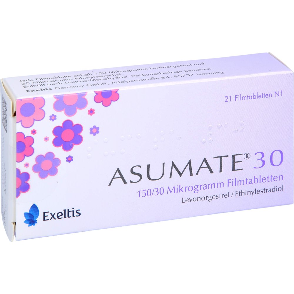 Das Produktfoto zeigt Asumate 30 0,15 Mg/0,03 Mg Filmtabletten (1X21 stk) PZN 09315449
