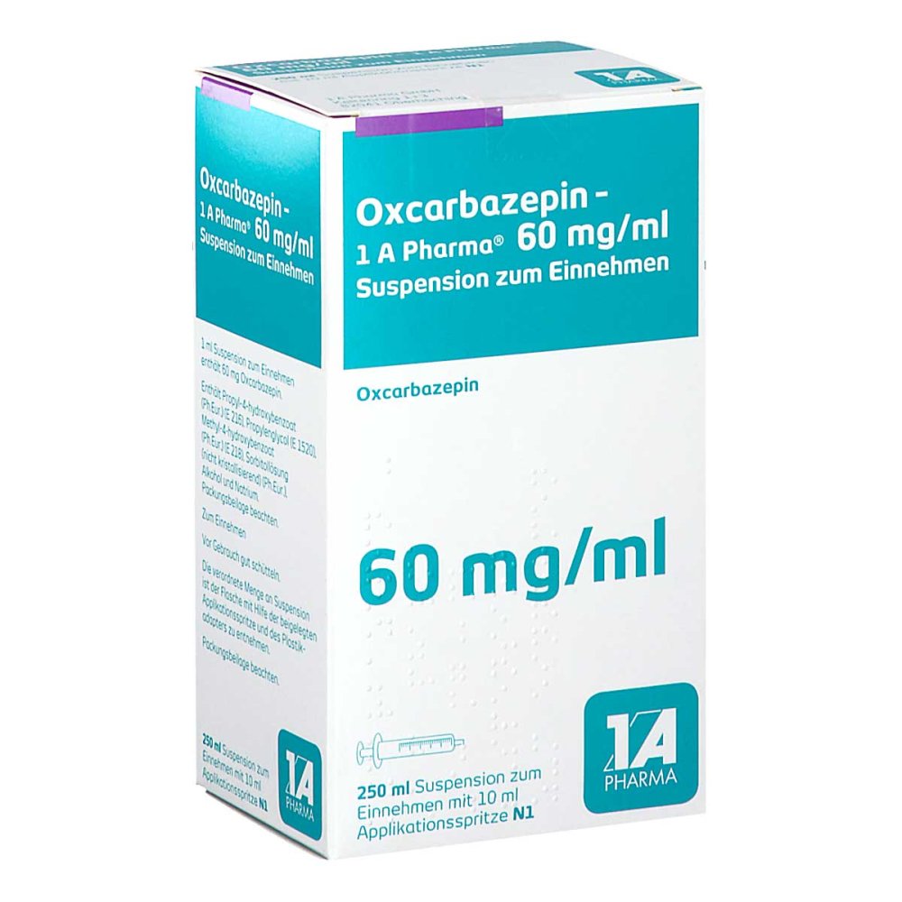 Das Produktfoto zeigt Oxcarbazepin-1a Pharma 60 Mg/Ml Suspension Z.Einn. (250 ml) PZN 09318413