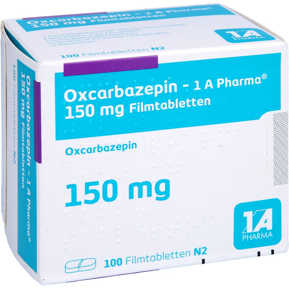 Das Produktfoto zeigt Oxcarbazepin-1a Pharma 150 Mg Filmtabletten (100 stk) PZN 09318442