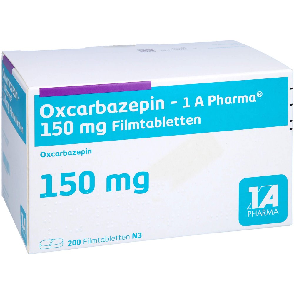 Das Produktfoto zeigt Oxcarbazepin-1a Pharma 150 Mg Filmtabletten (200 stk) PZN 09318459