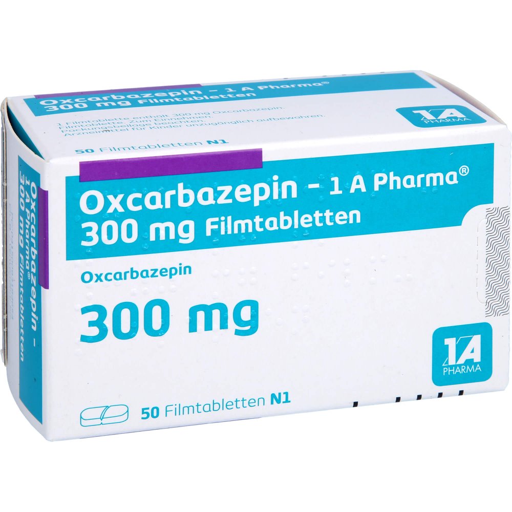 Das Produktfoto zeigt Oxcarbazepin-1a Pharma 300 Mg Filmtabletten (50 stk) PZN 09318465