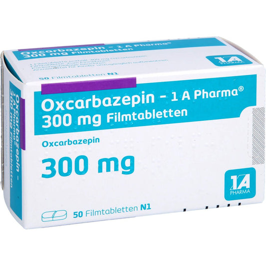 Das Produktfoto zeigt Oxcarbazepin-1a Pharma 300 Mg Filmtabletten (50 stk) PZN 09318465