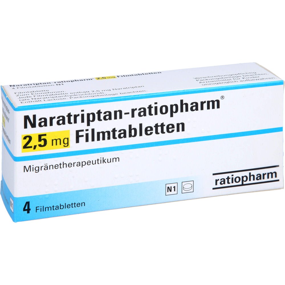Das Produktfoto zeigt Naratriptan-Ratiopharm 2,5 Mg Filmtabletten (4 stk) PZN 09318548
