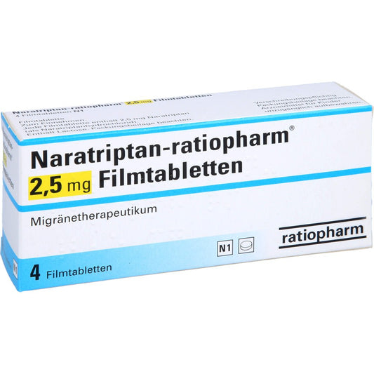 Das Produktfoto zeigt Naratriptan-Ratiopharm 2,5 Mg Filmtabletten (4 stk) PZN 09318548