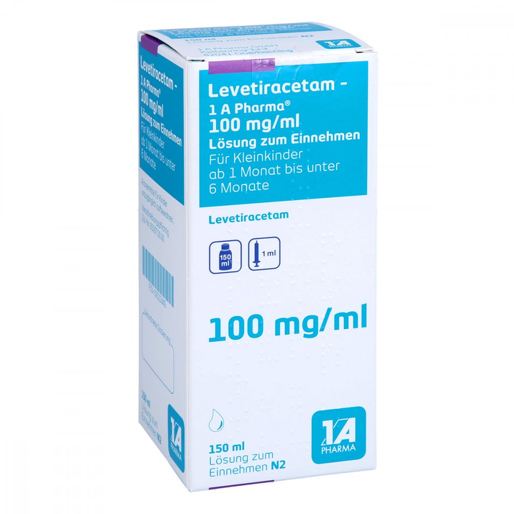 Das Produktfoto zeigt Levetiracetam-1a Pharma 100 Mg/Ml 1ml Dosierspr. (150 ml) PZN 09322449