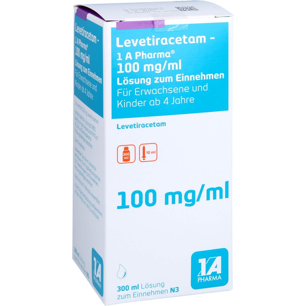 Das Produktfoto zeigt Levetiracetam-1a Pharma 100 Mg/Ml 10ml Dosierspr. (300 ml) PZN 09322461