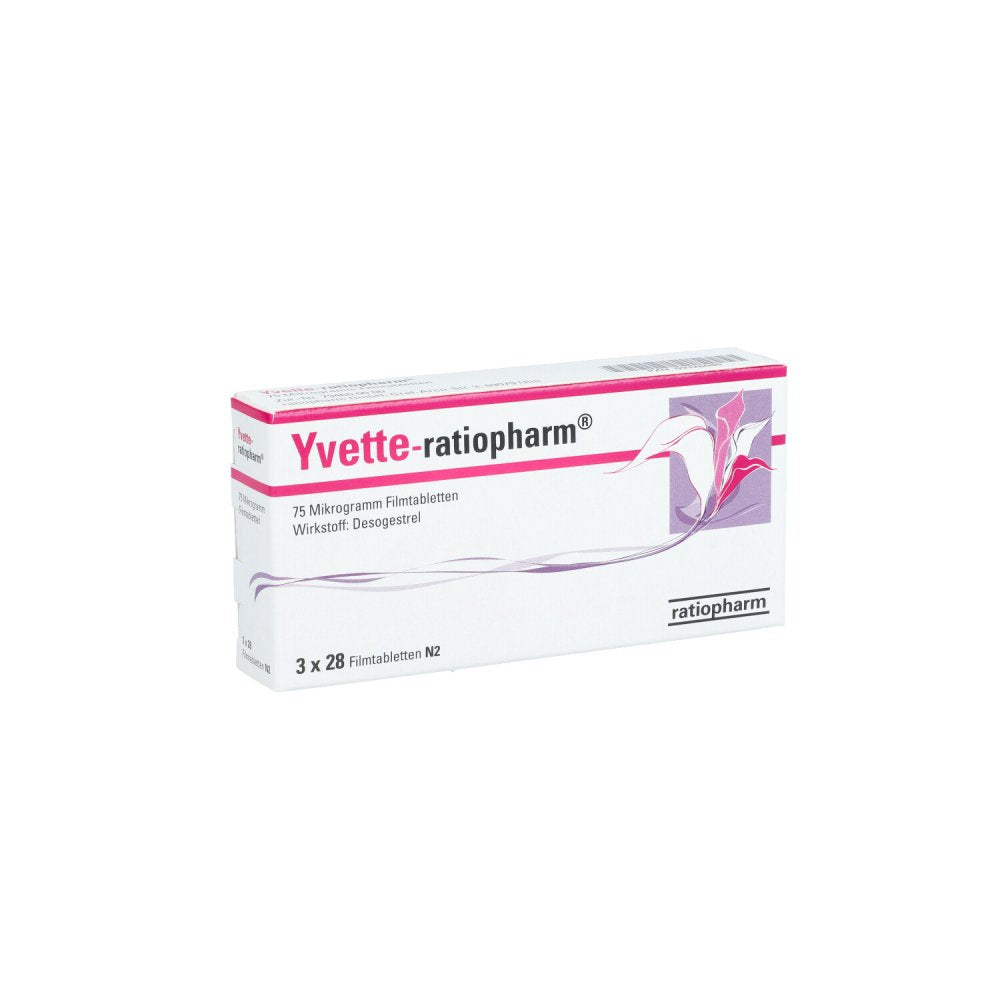 Das Produktfoto zeigt Yvette-Ratiopharm 75 Mikrogramm Filmtabletten (84 stk) PZN 09326080