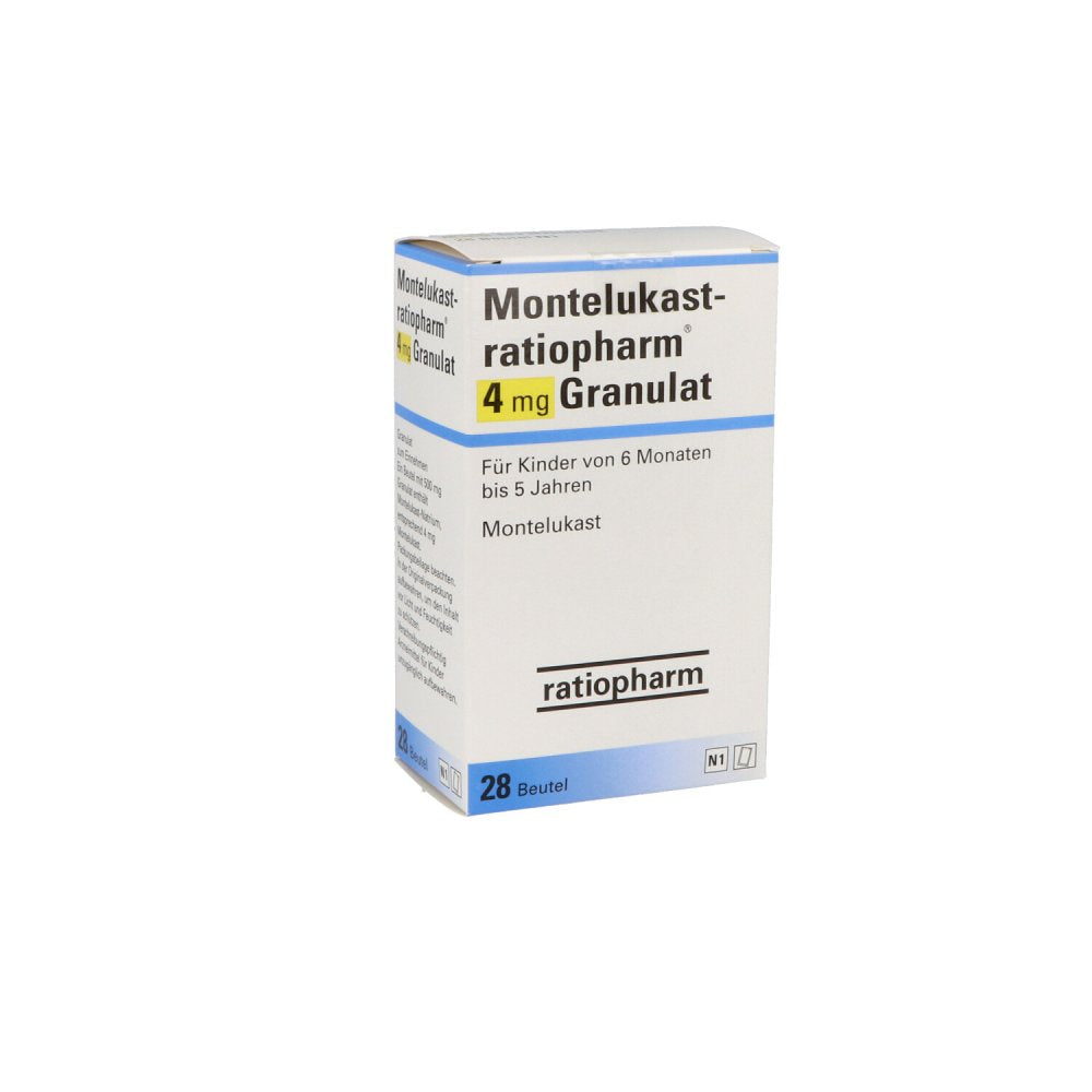 Das Produktfoto zeigt Montelukast-Ratiopharm 4 Mg Granulat (28 stk) PZN 09326192
