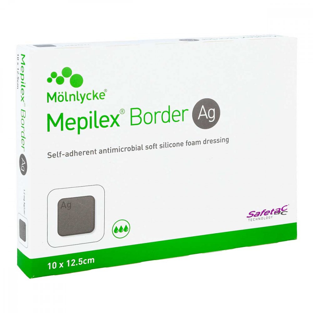 Das Produktfoto zeigt Mepilex Border Ag Schaumverb.10x12,5 Cm Steril (5 stk) PZN 09330638