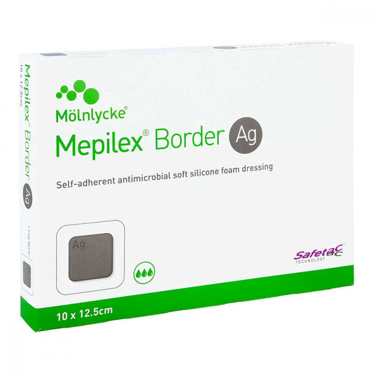 Das Produktfoto zeigt Mepilex Border Ag Schaumverb.10x12,5 Cm Steril (5 stk) PZN 09330638