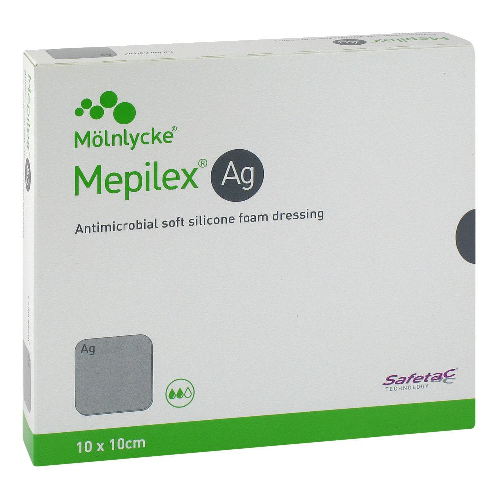 Das Produktfoto zeigt Mepilex Ag Schaumverband 10x10 Cm Steril (5 stk) PZN 09330667