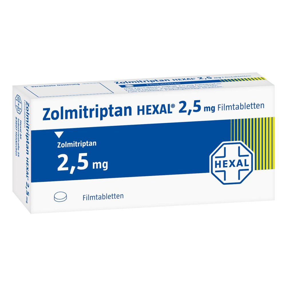 Das Produktfoto zeigt Zolmitriptan Hexal 2,5 Mg Filmtabletten (6 stk) PZN 09335191