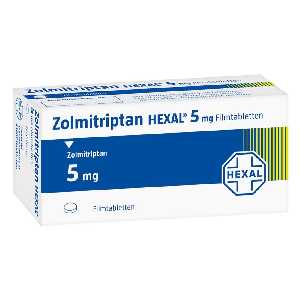 Das Produktfoto zeigt Zolmitriptan Hexal 5 Mg Filmtabletten (3 stk) PZN 09335222