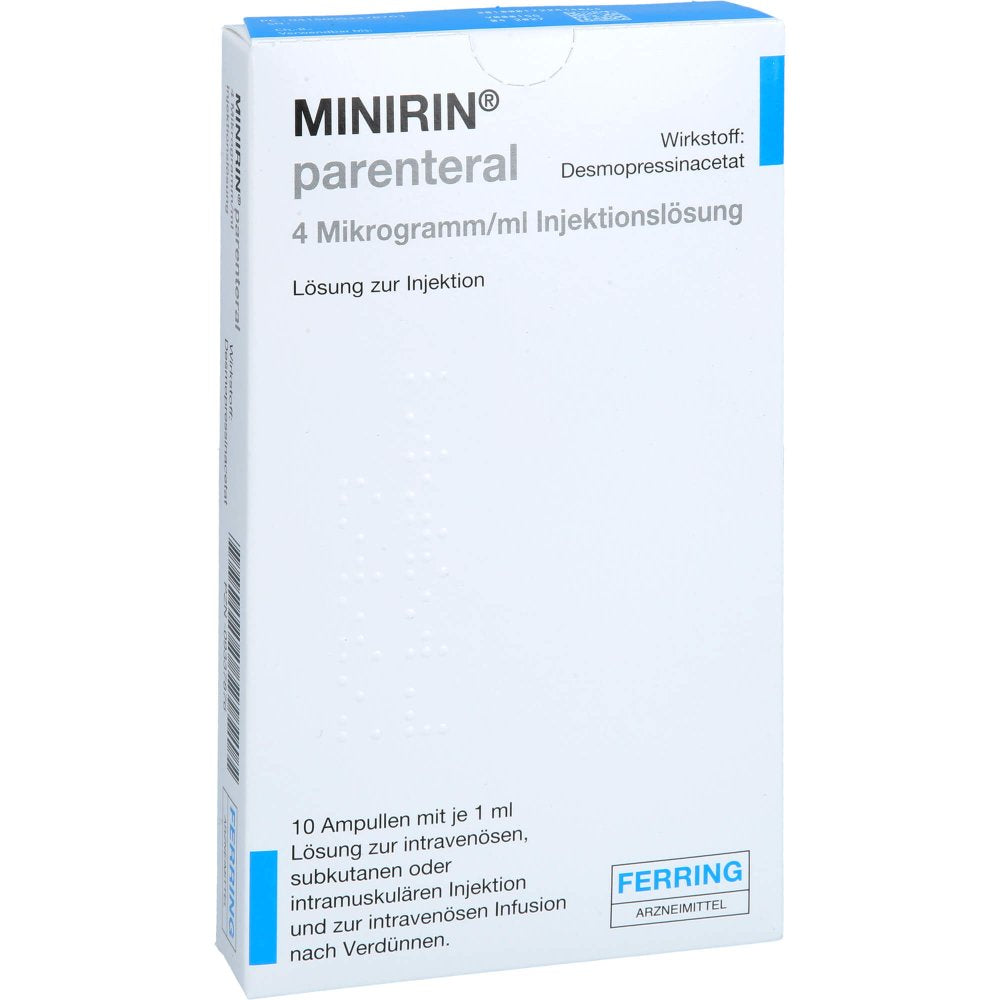 Das Produktfoto zeigt Minirin Parenteral 4 Μg/Ml Injektionslösung Amp. (10 stk) PZN 09337876