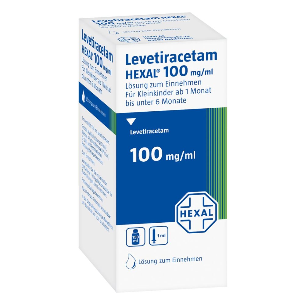 Das Produktfoto zeigt Levetiracetam Hexal 100 Mg/Ml 1ml Dosierspritze (150 ml) PZN 09338982