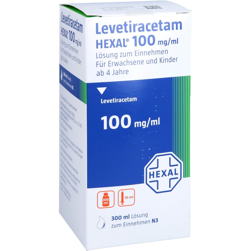 Das Produktfoto zeigt Levetiracetam Hexal 100 Mg/Ml 10ml Dosierspritze (300 ml) PZN 09338999