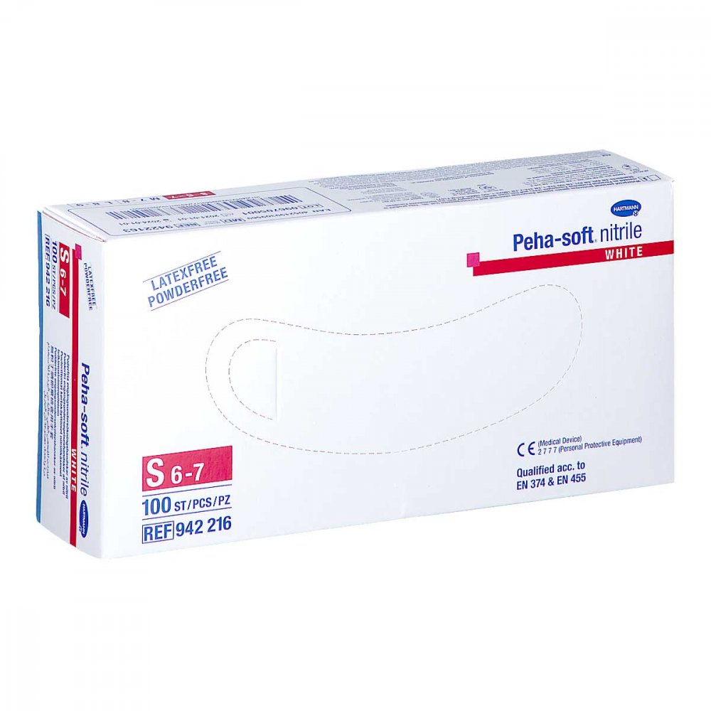 Das Produktfoto zeigt Peha-Soft Nitrile White Unt.Hands.Unsteril Pf S (100 stk) PZN 09339013