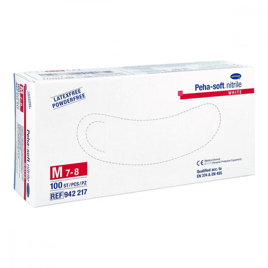 Das Produktfoto zeigt Peha-Soft Nitrile White Unt.Hands.Unsteril Pf M (100 stk) PZN 09339036