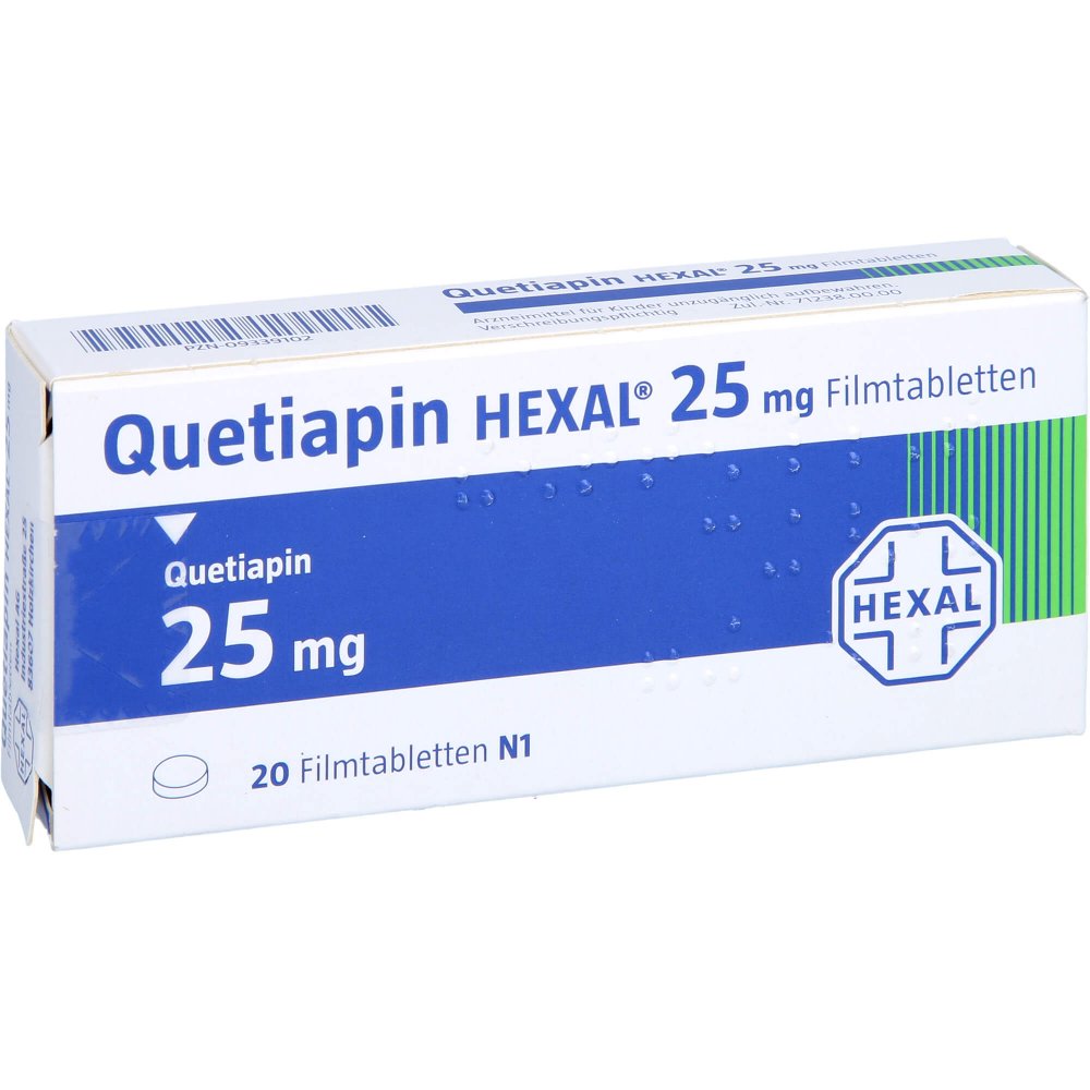 Das Produktfoto zeigt Quetiapin Hexal 25 Mg Filmtabletten (20 stk) PZN 09339102