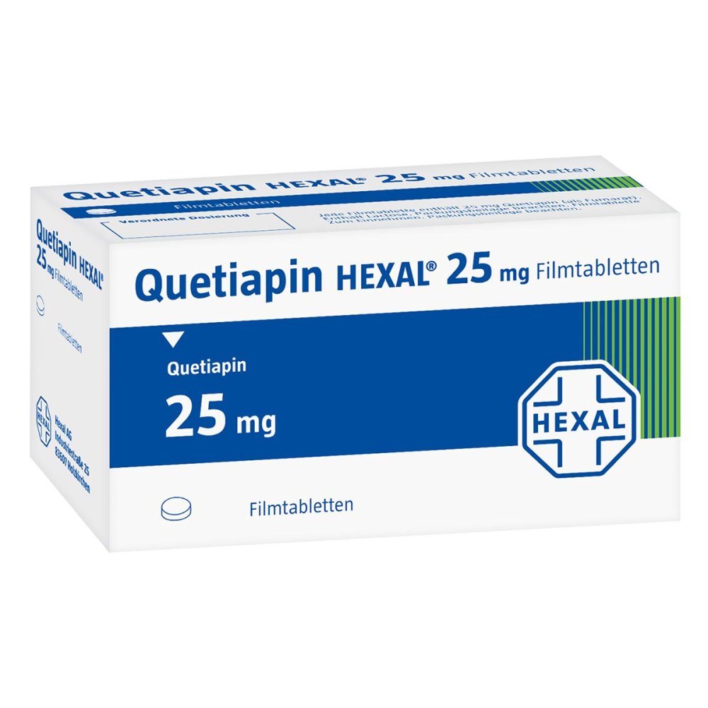 Das Produktfoto zeigt Quetiapin Hexal 25 Mg Filmtabletten (100 stk) PZN 09339125