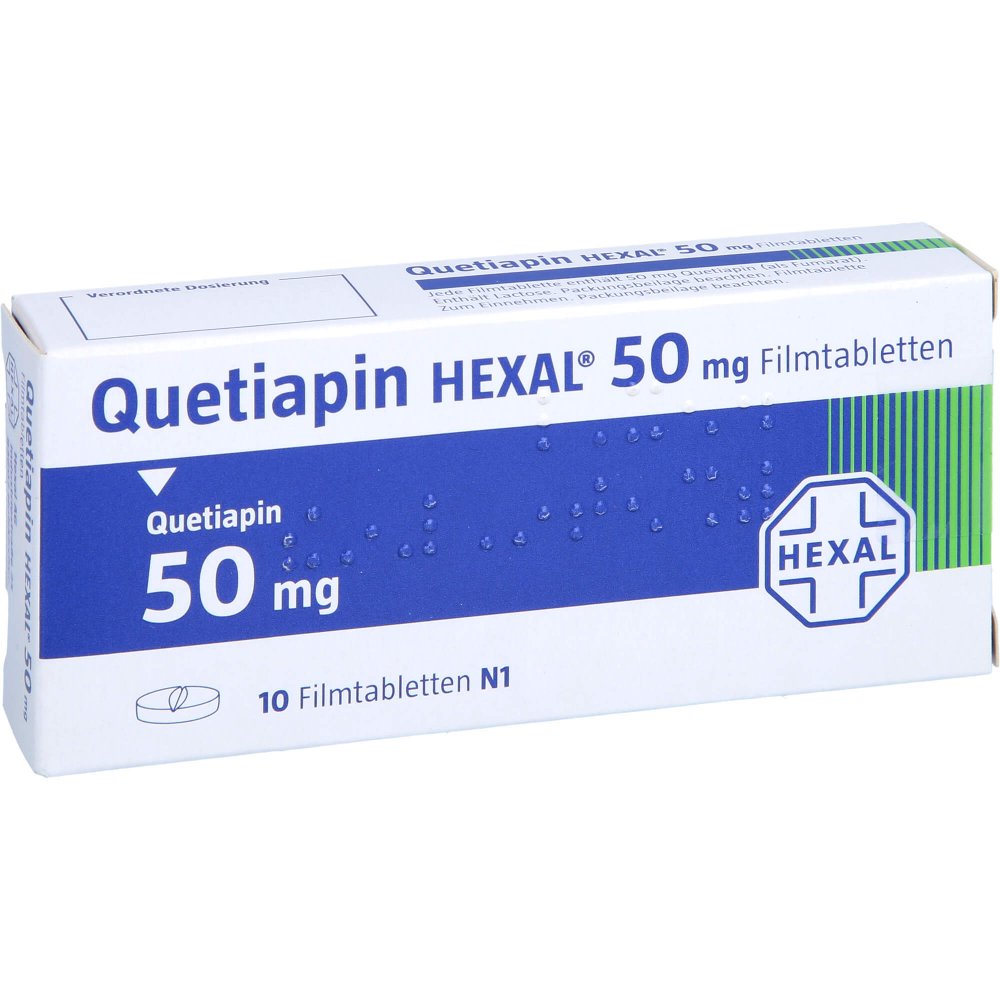 Das Produktfoto zeigt Quetiapin Hexal 50 Mg Filmtabletten (10 stk) PZN 09339131
