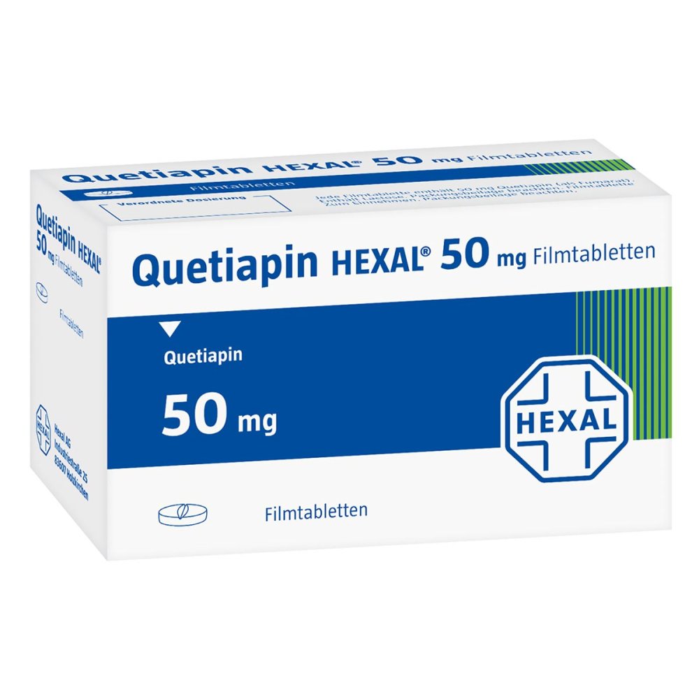 Das Produktfoto zeigt Quetiapin Hexal 50 Mg Filmtabletten (100 stk) PZN 09339154
