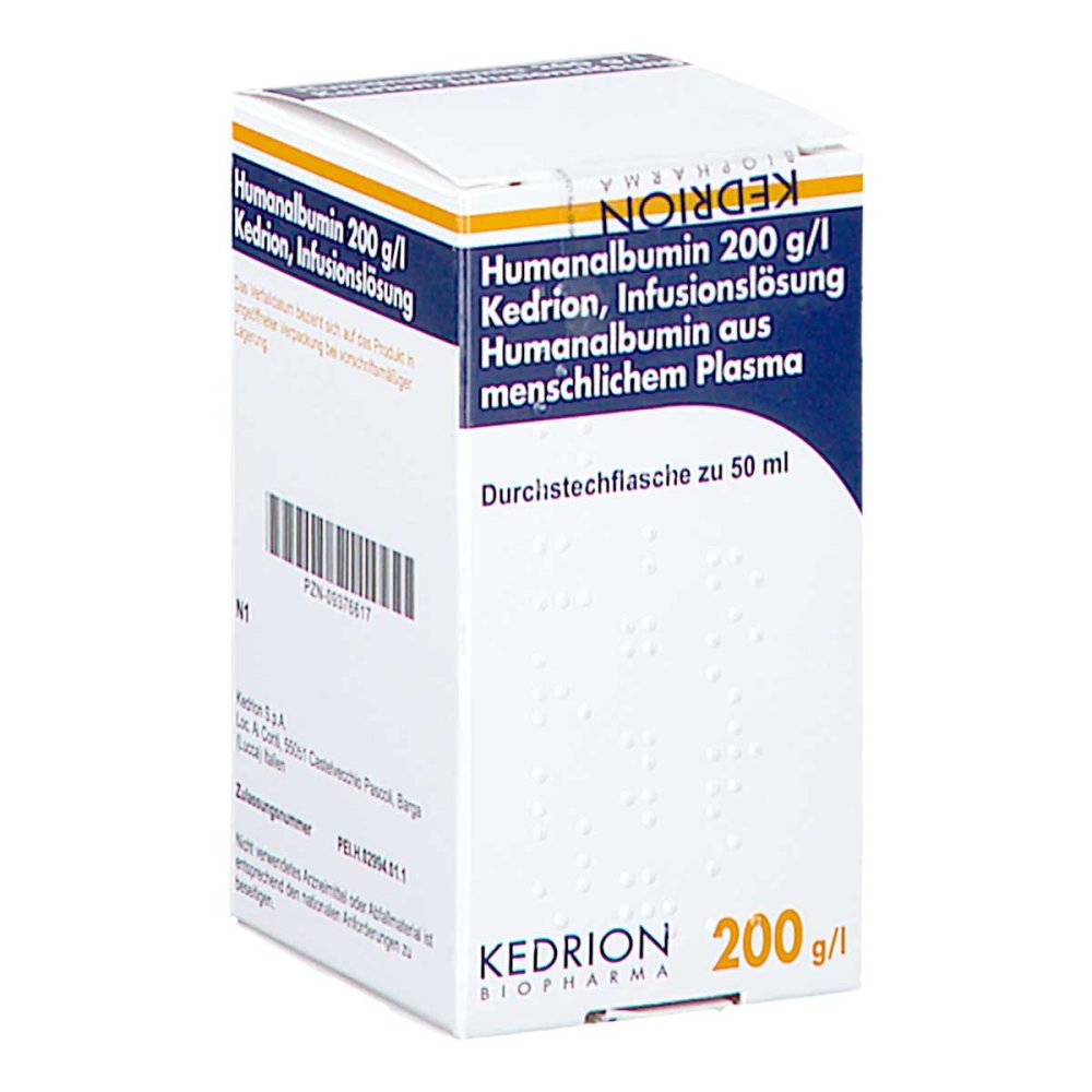 Das Produktfoto zeigt Humanalbumin 200 G/L Kedrio Infusionslösung (50 ml) PZN 09376617