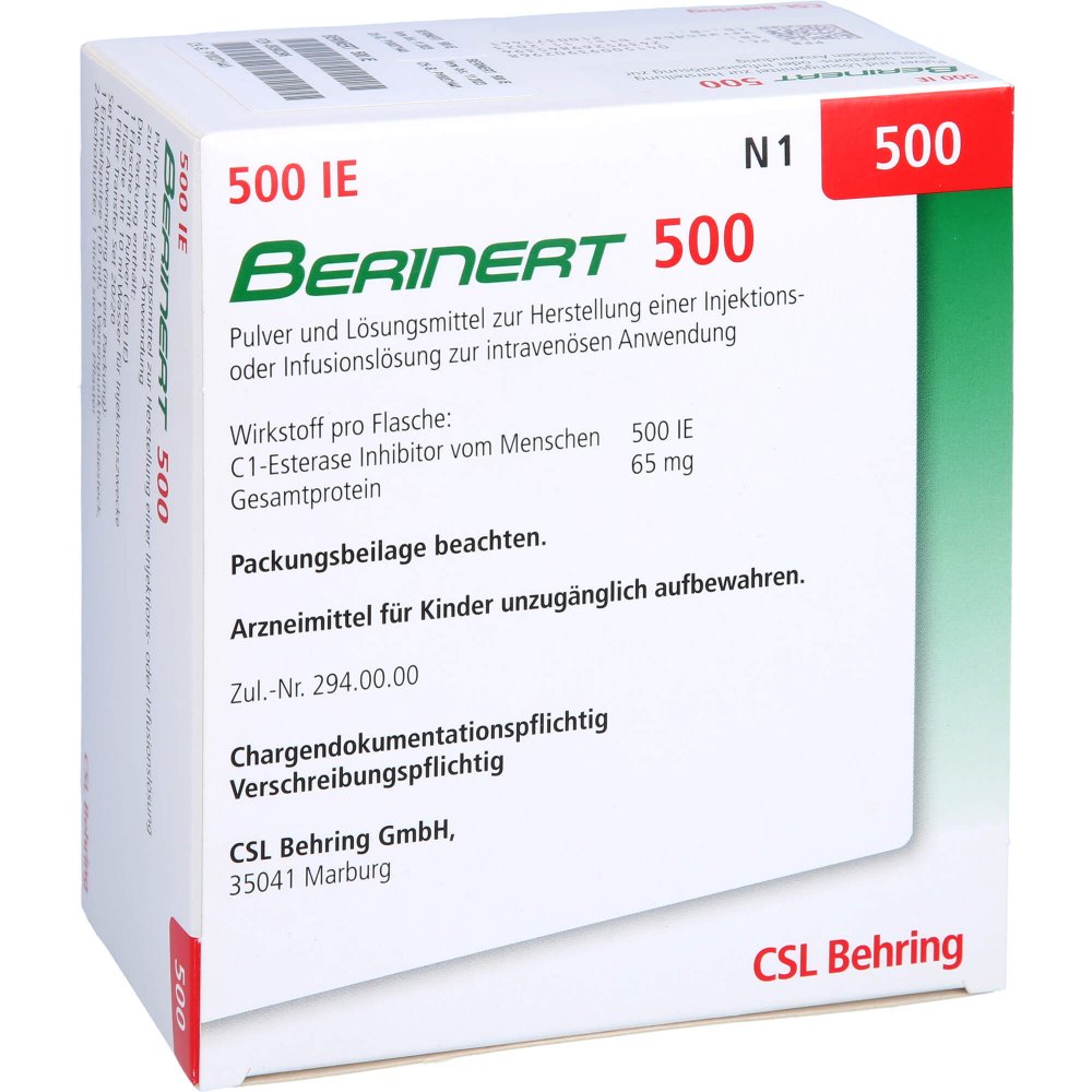 Das Produktfoto zeigt Berinert 500 I.E. Plv.U.Lsm.Z.H.E.Inj.-/Inf.-Lsg. (1 stk) PZN 09390296