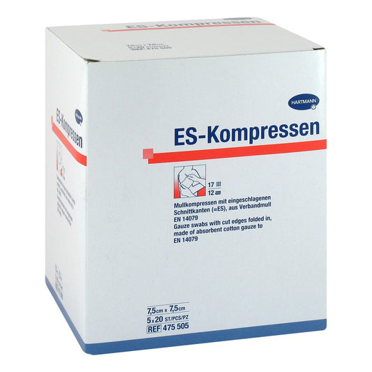 Das Produktfoto zeigt Es-Kompressen Steril 7,5x7,5 Cm (5X20 stk) PZN 09396169