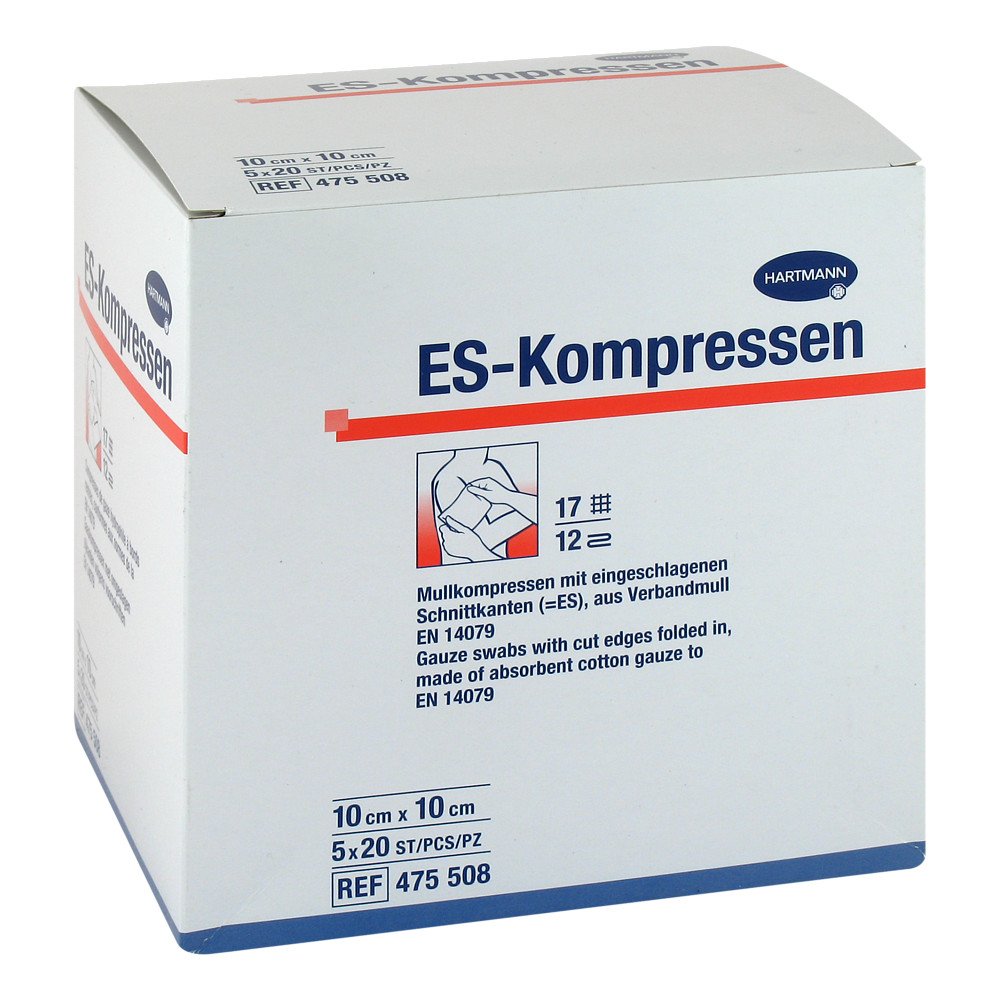 Das Produktfoto zeigt Es-Kompressen Steril 10x10 Cm (5X20 stk) PZN 09396181