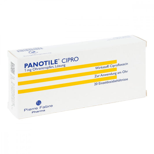 Das Produktfoto zeigt Panotile Cipro 1 Mg Ohrentropfen (20X0.5 ml) PZN 09404176