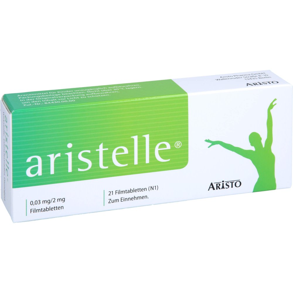 Das Produktfoto zeigt Aristelle 0,03 Mg/2 Mg Filmtabletten (21 stk) PZN 09421944