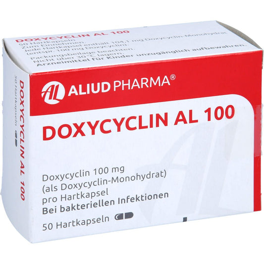 Das Produktfoto zeigt Doxycyclin Al 100 Hartkapseln (50 stk) PZN 09424345