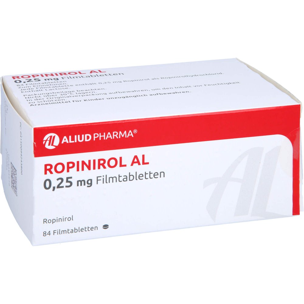 Das Produktfoto zeigt Ropinirol Al 0,25 Mg Filmtabletten (84 stk) PZN 09424380