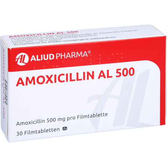 Das Produktfoto zeigt Amoxicillin Al 500 Filmtabletten (30 stk) PZN 09424405