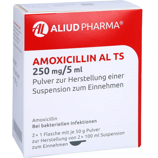 Das Produktfoto zeigt Amoxicillin Al Ts Pulver Z.Herstell.E.Susp.Z.Einn. (200 ml) PZN 09424428