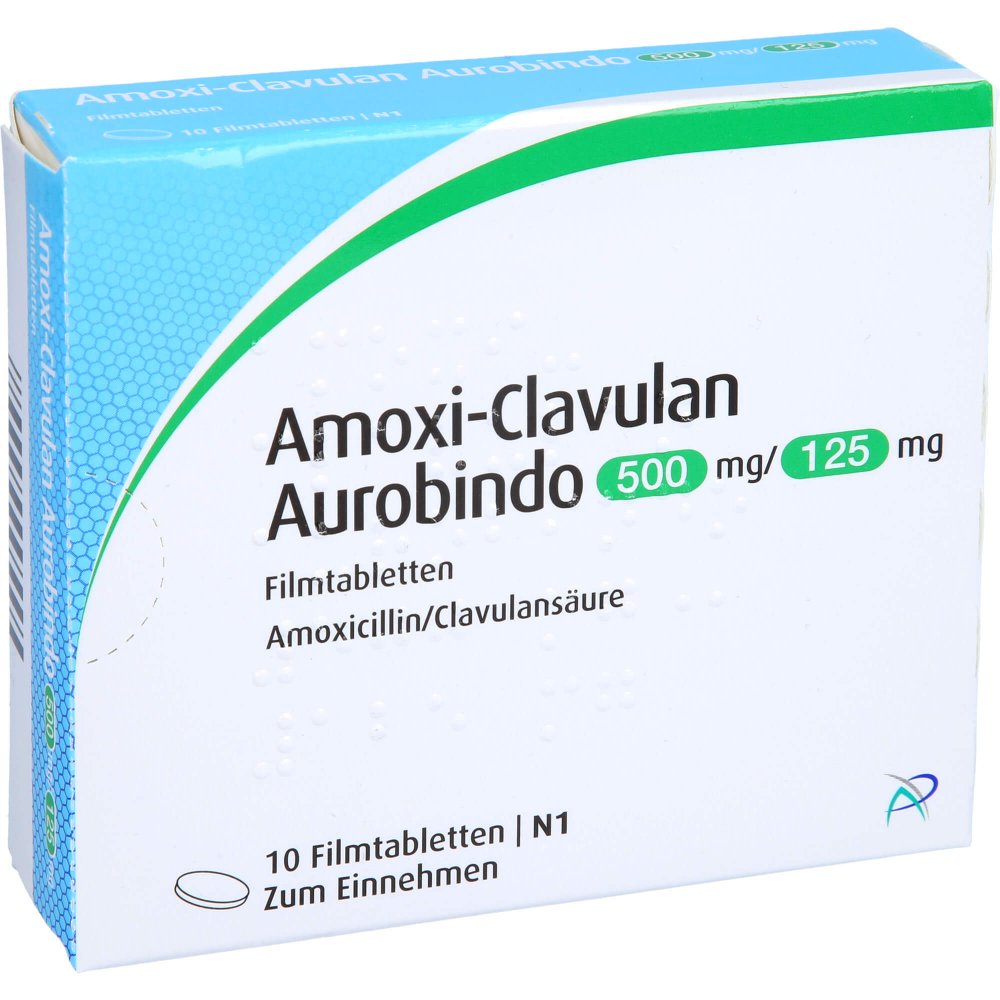 Das Produktfoto zeigt Amoxi Clavulan Aurobindo 500mg/125mg Filmtabletten (10 stk) PZN 09425327