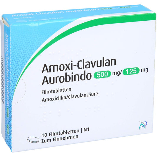 Das Produktfoto zeigt Amoxi Clavulan Aurobindo 500mg/125mg Filmtabletten (10 stk) PZN 09425327