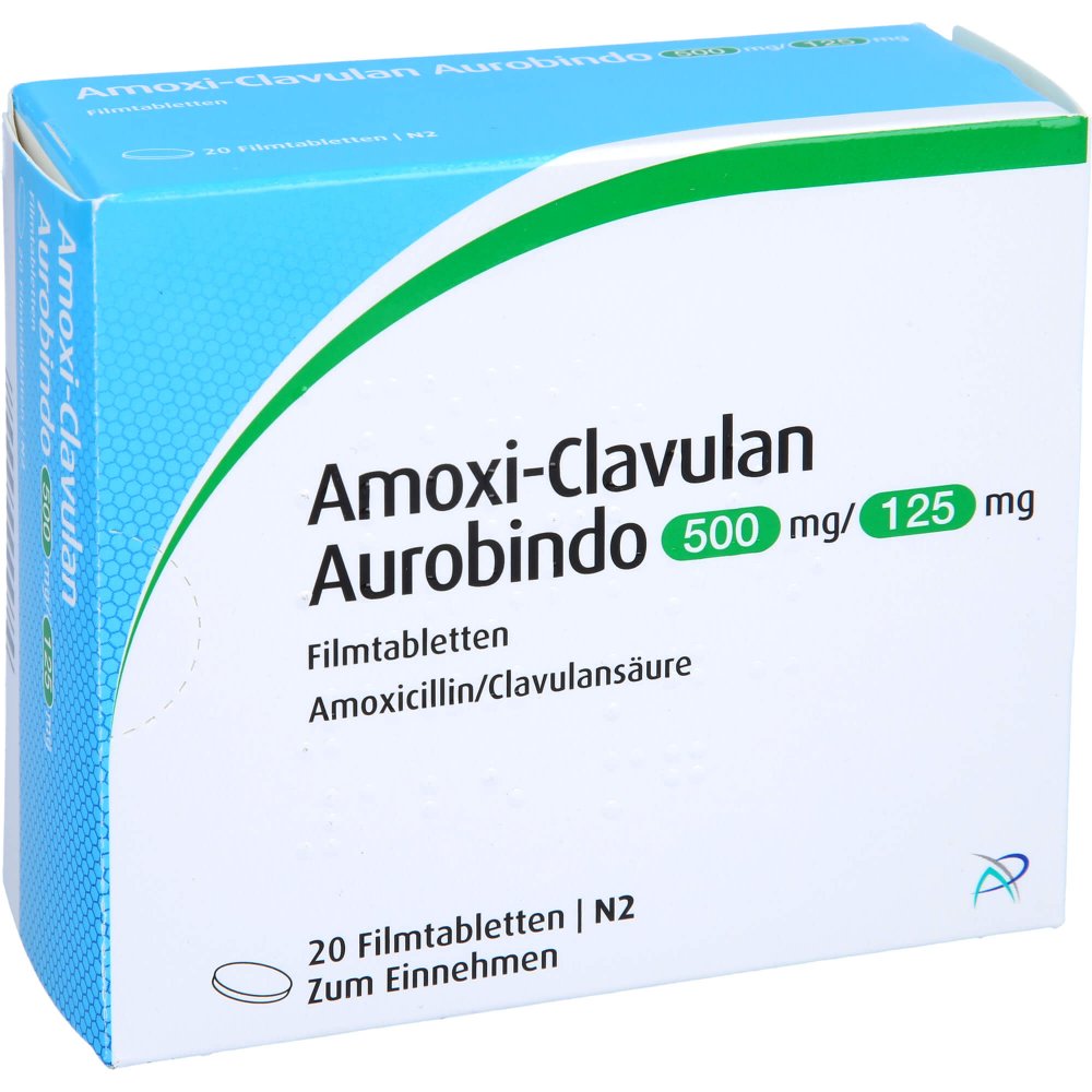 Das Produktfoto zeigt Amoxi Clavulan Aurobindo 500mg/125mg Filmtabletten (20 stk) PZN 09425333