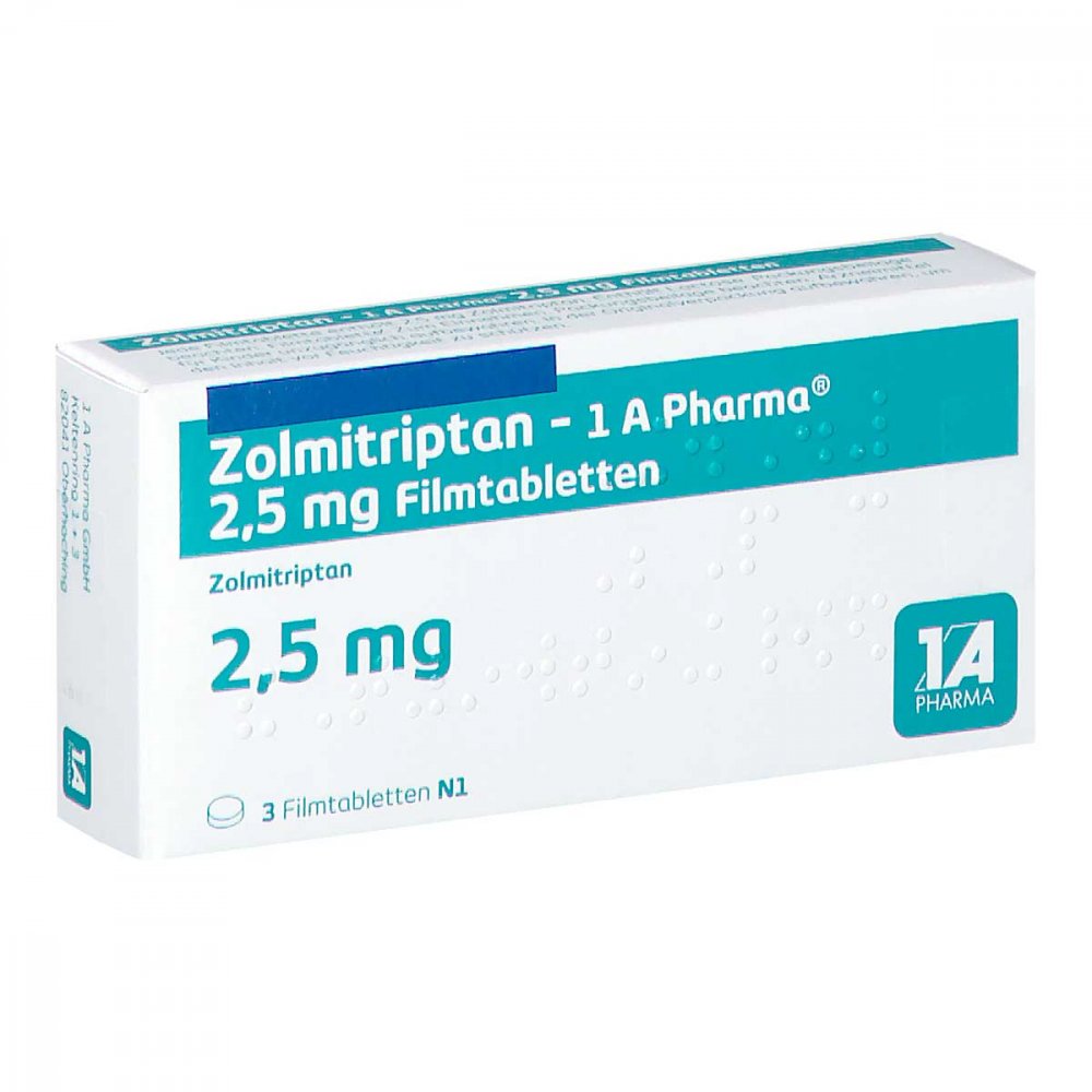 Das Produktfoto zeigt Zolmitriptan-1a Pharma 2,5 Mg Filmtabletten (3 stk) PZN 09427355