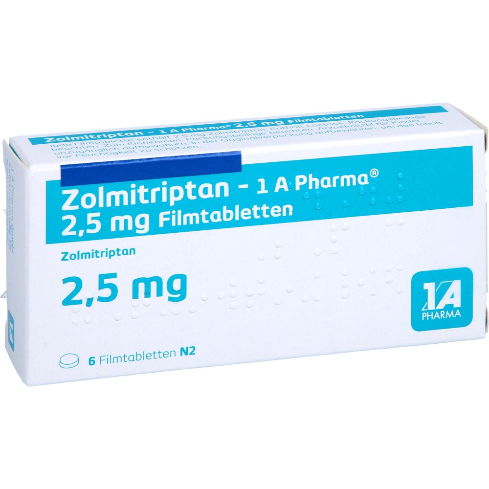 Das Produktfoto zeigt Zolmitriptan-1a Pharma 2,5 Mg Filmtabletten (6 stk) PZN 09427361